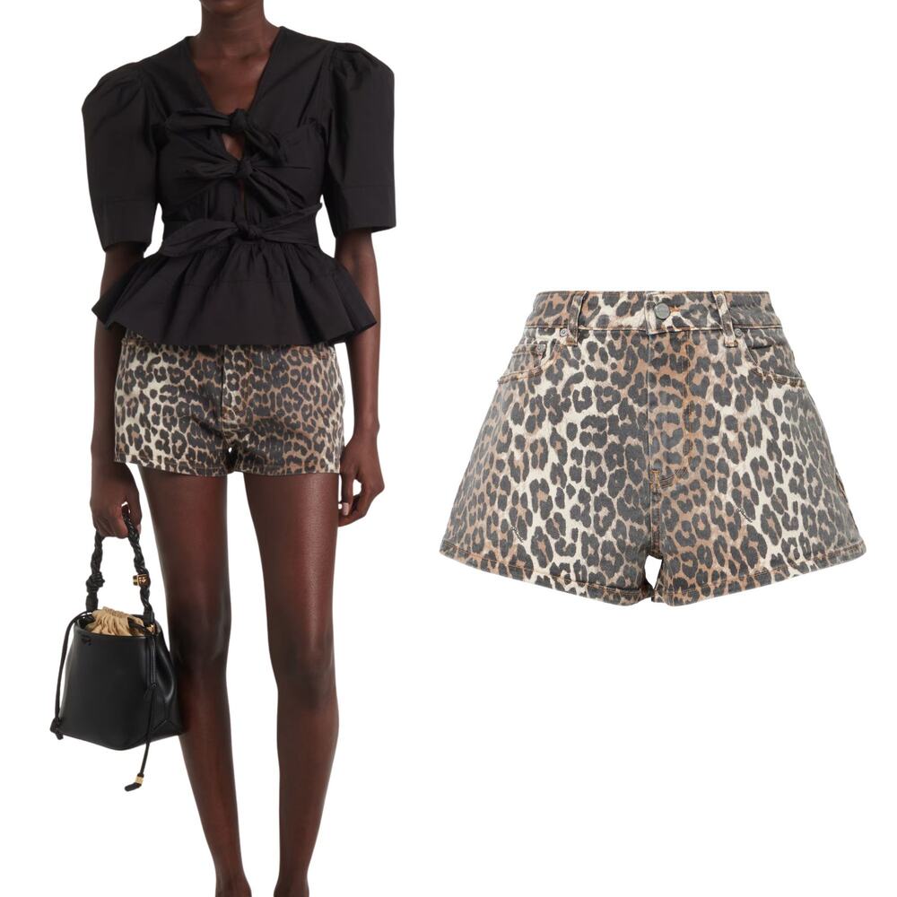 GANNI LEOPARD PRINT DENIM SHORTS SIZE: 28
